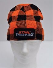 STIHL Lumberjack Timbersports Knit Cuffed Beanie Hat Cap Orange and Black Plaid