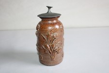 Antique Beauvaisis sandstone tobacco pot, with cap, flower decor, h. 13.5 cm
