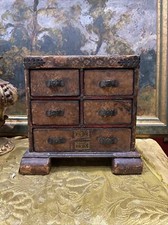 old miniature chest of drawers wooden and leather foreign work circa 1900 box