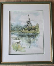 Aquarelle sur toile signée représentant un moulin à vent au bord de l eau