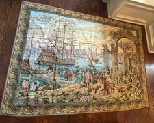 Italian Port Nautical Marina Tapestry Gobelin 65" x 88" Border Added Vintage
