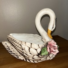 Italian Majolica Barbotine Swan Ceramic Flower Planter Jardinier VTG 8”Hx9.5”L
