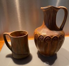 Vintage ceramic signed Denbac, Art Nouveau, circa 1900, frieze decor, 5 mugs