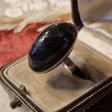 Bague Moderniste Argent 925 Taille 50 Cabochon De Pierre Noire Aux Reflets Bruns