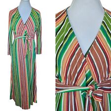 Vintage 70s Womens S/M Long Robe Wrap House Dress Striped Rainbow Disco Thin