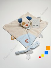 Doudou Plat Carré Jim Et Bob Chien Beige Bleu Bandana Lune Attache Tétine Nattou