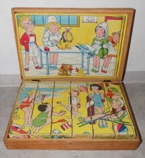 OLD TOY CUBES GAME KIDS WOODEN BOX M F R G MICKEY BEACH VETERINARY