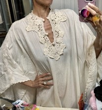 Vtg Cream Crochet Goddess Caftan Ivory Gauze 70s Maxi Dress Gown Rare