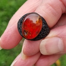 Ancienne Bague Ambre Et Cuir - Rügen Baltique -Taille 59++- Allemagne 