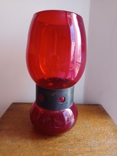 Antique red blown glass vase with wrought iron frame 70s Vallauris?