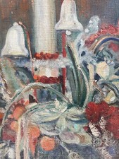 Very Beautiful Painting Canvas Painting Antique 1930s Art Deco Bouquet Flower Christmas