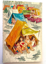 Old postcard humor - What a beautiful holiday!  a family in a tent in the rain