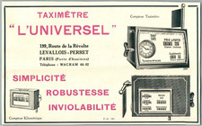 UNIVERSAL TAXIMETER MILEAGE METER TAXI LEVALLOIS PERRET ADVERTISEMENT 1920
