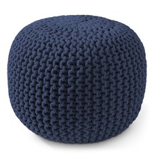 OPEN BOX - Round Cotton Pouf Ottoman, Navy Blue - 20 x 20 x 14.5 Knit Foot
