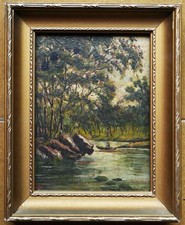 tableau miniature ancien: canot sur rivière