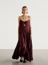 MASSIMO DUTTI LONG VOLUMINOUS RAMIE THIN STRAP BURGUNDY FLOWY MAXI DRESS SZ S