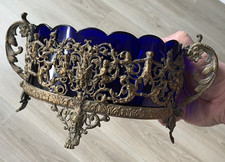 Belle Coupe Jardinière Laiton et Verrerie BLeue XIX XXème Putti