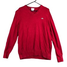 Lacoste Mens Sweater Red V Neck 100% Cotton Pull Over Long Sleeve Alligator 5