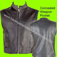LEATHER MOTORCYCLE BIKER VEST OUTLAW CLUB STYLE GUN PKT ZIPPER FRONT 