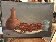 R Rakoto painter Madagascar oil on canvas 20th century still life with lobsters