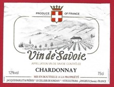 115-23 wine label SAVOIE CHARDONNAY Jacques BARLET Cellier de SORDAN JONGIEUX