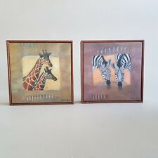 Pair of Anita de Herd Wooden Frames Giraffes and Zebras (Africa, Animals)