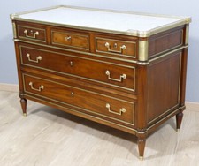 Louis XVI chest of drawers with gallery in mahogany, brass and white marble, 18th century