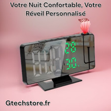 Réveil projecteur numérique, bras rotatif 180°, température, humidité, snooze
