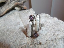 925 Sterling Silver Elongated Biwi pearl Amethyst stone Adjustable Ring 8.2g 