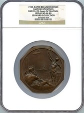 BELGIUM 1930 ART DECO ANVERS EXPOSITION BRONZE ART MEDAL BY DUPON 79MM NGC MS66!