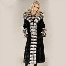 Women's Real Chinchilla Rex Rabbit Fur Coat Long Overcoat Turndown Outerwear