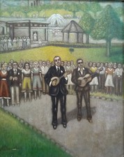 "Musicians in Central Park" NYC scene O/C Signed Arnold Plancher (NY 1889-1971)