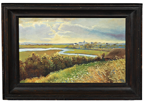 Scène fluviale avec village - scène,