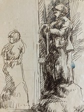 Lot 2 Drawing Ink Castle Braganza Portugal 1900 Sculpture Statue Fountain Art