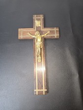 Vintage Gold Metal Christ Inlay Wood Crucifix - 35cm