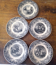 5 ASSIETTES PARLANTES EN PORCELAINE OPAQUE SARREGUEMINES XIX ème S