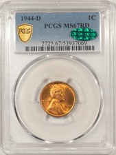 1944-D LINCOLN CENT - PCGS MS-67 RD CAC, PREMIUM QUALITY! SUPERB & LOOKS 67+
