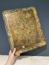 Grand Plateau Vénitien Bois Florentin Italien Doré Rouge Vert Vintage Ancien