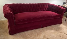 Vintage Chesterfield Sofa upholstered Raspberry Red Velvet fabric 86”L