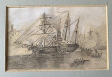 Petit lavis fusain craie XIXe bateau à roue voilier barque marine port