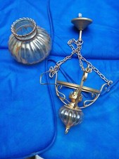 Glass and Copper Pendant Chandelier, Gold Yellow, Good Condition, Kerosene Lamp Style