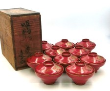 Ancien Japonais Bois Soupe Boules 1868 Rouge Laque 10-Set Meiji Homme Avec Flog