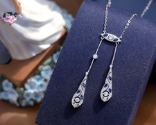 Collier Pendentif Belle Epoque 1890s Style Goutte Serti CZ Bleu Rhodié SB21