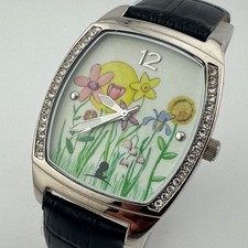 Jolie Montre Quartz Watch Men Silver Barrel Flower Dial Leather Date New Battery