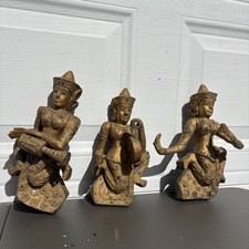 Vintage Set of 3 Temple Dancers Carved Teak Wood Sculptures From Southeast Asia.