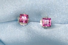 3.0-3.50MM SQUARE RASPBERRY PINK AFRICA RHODOLITE GARNET .925 STERLING STUDS 