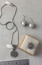 Parure, croissant lune + étoile, collier, boucles d'oreilles, bague, argent