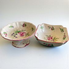Pair of antique earthenware flower decor compote maker standing & square salad bowl XXĒME
