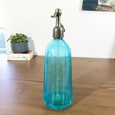 Antique Blue Fluted Glass Siphon - Charbonnier Fils St-Apolline, 1930s