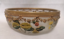 Stunning Enameled Frozen Glass Cut & Strawberry Decor Brass Edge